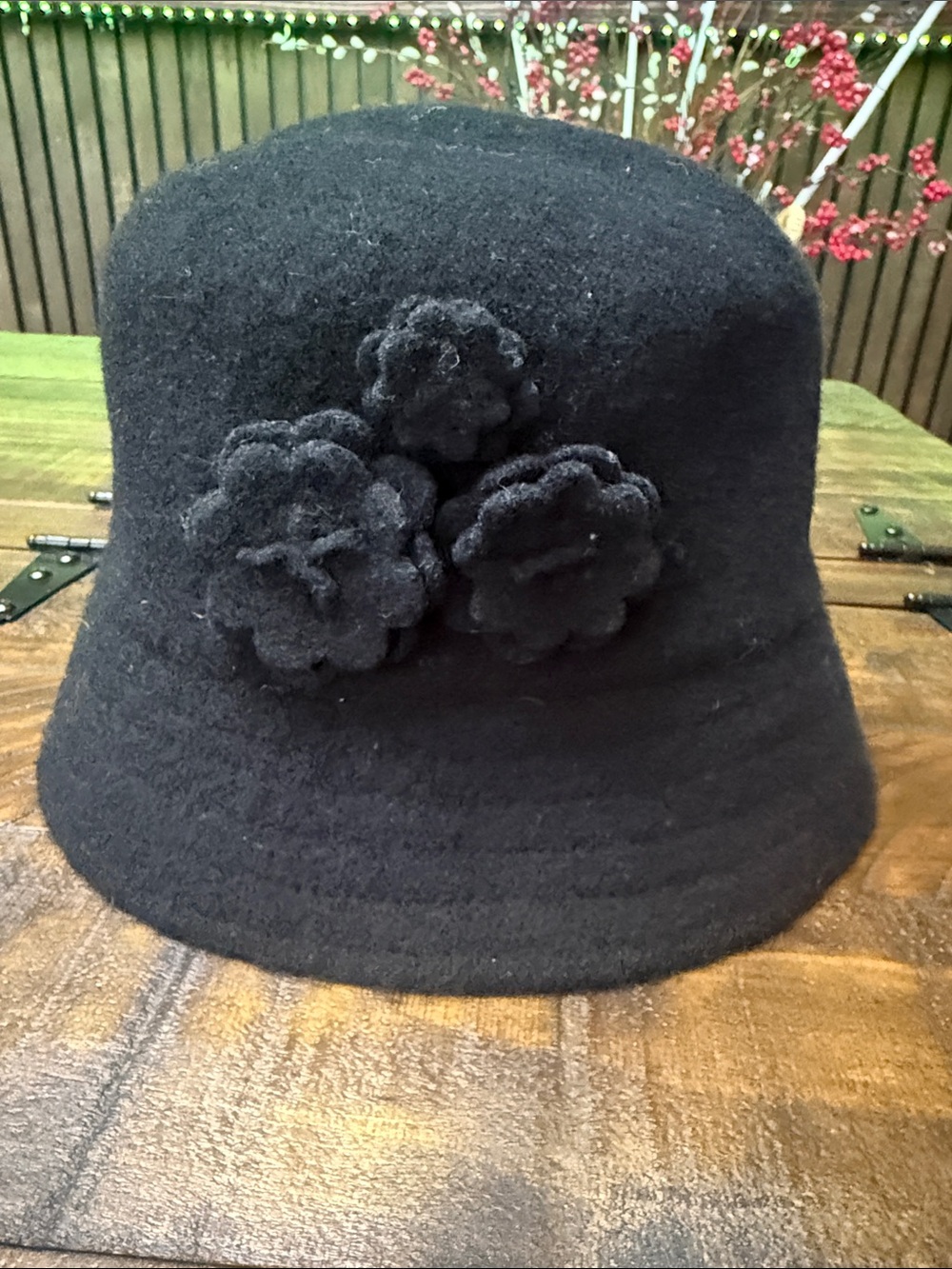 Women’s Black Wool Blend Cloche Bucket Hat with Three Flower Appliqués